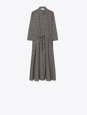Tory Burch Long Floral Print Drawstring Waist Dress In Black Prismatic T Monogram Small