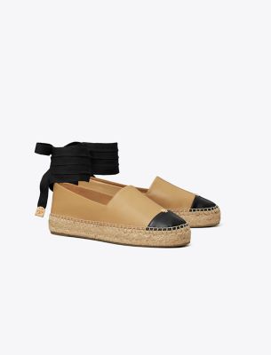 Tory Burch Ankle Wrap Cap Toe Platform Espadrille In Ginger Shortbread/perfect Black