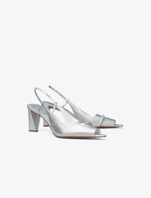 Tory Burch Pierced Peep-toe Slingback In Bright Silver/silver