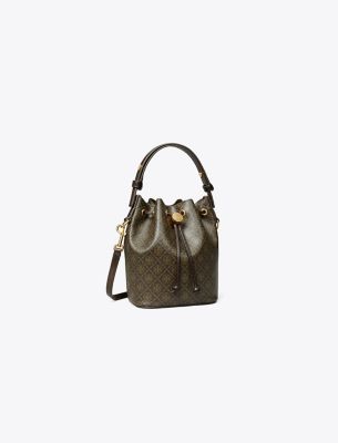 TORY BURCH T MONOGRAM COATED CANVAS MINI BUCKET BAG 