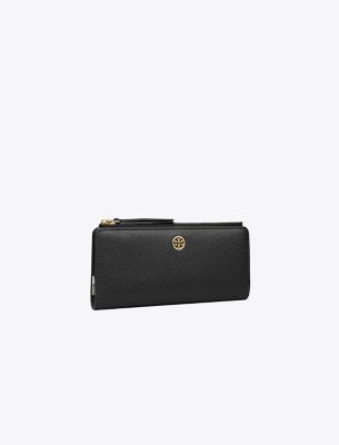 Tory Burch Robinson Pebbled Leather Zip Slim Wallet In Black