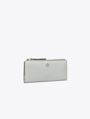Tory Burch Robinson Pebbled Zip Slim Wallet In Light Granite