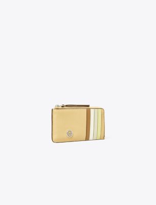 Tory Burch Robinson Pebbled Top-zip Card Case In Brown