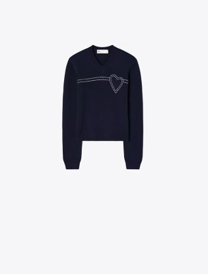 Tory Sport Tory Burch Heart Pickstitch Cashmere Sweater In Tory Navy/new Ivory