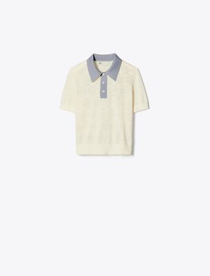 Tory Sport Tory Burch Cotton Pointelle Logo Polo In New Ivory/lilac Whisper