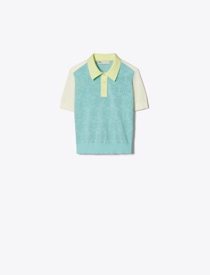 Tory Sport Tory Burch Cotton Pointelle Logo Polo In Pastel Sky/new Ivory