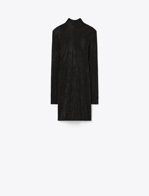 Tory Burch Embellished Viscose Turtleneck Dress In Black