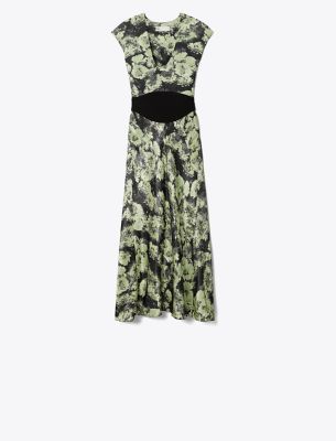 Tory Burch Printed U-neck Viscose Dress In Green Pixel Floral
