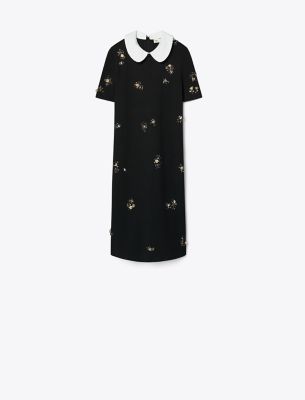 Tory Burch Embellished Poplin Collar Sweater Dress In Black