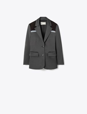 Tory Burch Colorblock Stretch Blazer In Coal Gray/deep Ruby/teal Green