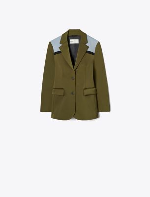 Tory Burch Colorblock Stretch Blazer In Dark Oliva/muted Slate/black