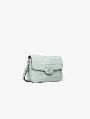 Shop Tory Burch Robinson Croc-embossed Convertible Shoulder Bag In Blue Celadon