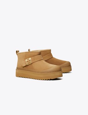 Tory Burch Mellow Genuine Shearling Lined Platform Boot In Chestnut/gold
