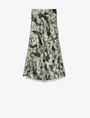 Tory Burch Floral Print Satin Midi Skirt In Green Pixel Floral