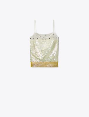 Tory Burch Embellished Lamé Slip Top In Pink Chartreuse