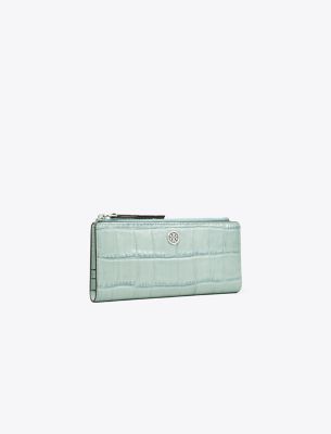 Tory Burch Robinson Croc-embossed Zip Slim Wallet In Blue Celadon