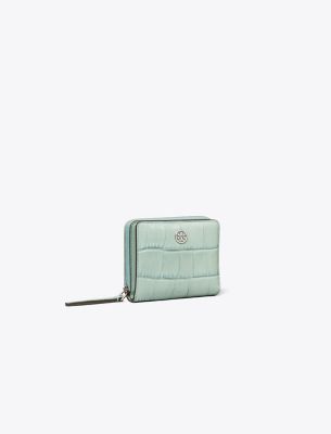 Tory Burch Robinson Croc-embossed Bi-fold Wallet In Blue Celadon