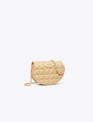 Tory Burch Mini Fleming Patent Square Quilt Chain Wallet In Vanilla Soft Serve