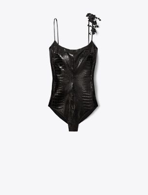 Tory Burch Faux Croc Bodysuit In Black