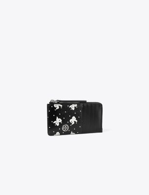 Tory Burch Robinson Printed Zip-top Card Case In Black Tossed Bow