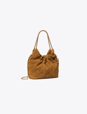 Tory Burch Mini Fleming Soft Suede Hobo Bag In Brown