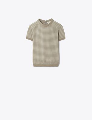 Tory Burch Striped Nylon Mockneck In Gray Chateau