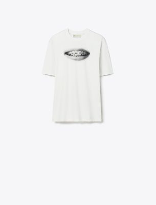 Tory Burch Printed Cotton T-shirt In Gray Braces
