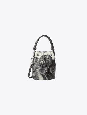 Tory Burch Mini T Monogram Cat Print Bucket Bag In Gray