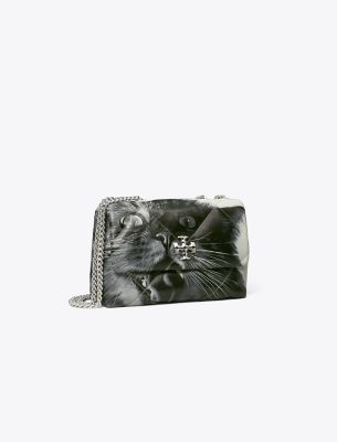 Shop Tory Burch Small Kira Diamond Quilt Cat Print Convertible Shoulder Bag In Gray Cat Portrait