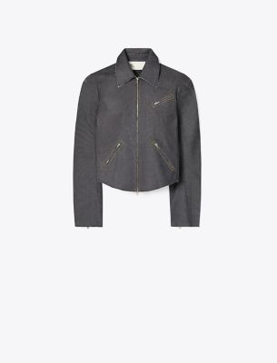 Tory Burch Denim Biker Jacket In Unwashed Raw Indigo