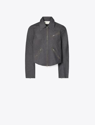 Shop Tory Burch Denim Biker Jacket In Unwashed Raw Indigo