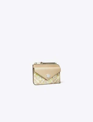 Tory Burch T Monogram Printed Leather Zip Card Case In Khaki Sand