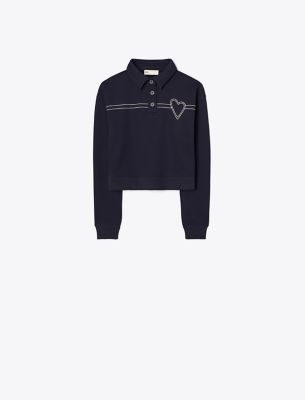 Tory Sport Tory Burch Heart Pickstitch Cotton Polo In Medium Navy