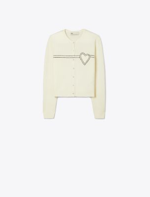 Tory Sport Tory Burch Heart Pickstitch Cashmere Cardigan In New Ivory