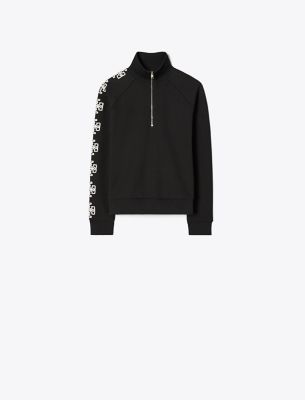 Tory Burch French Terry Logo Sleeve Half-zip Sweatshirt In Black