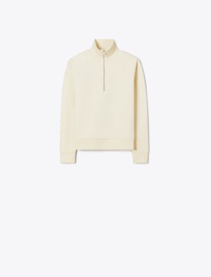 Tory Burch French Terry Logo Sleeve Half-zip Sweatshirt In Neutral