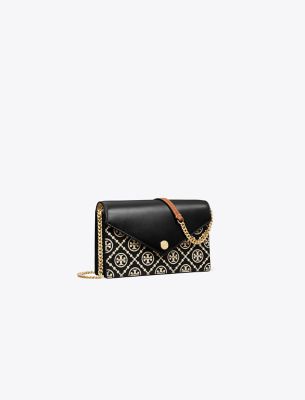 Tory Burch T Monogram Contrast Embossed Envelope Chain Wallet In Black/new Cream