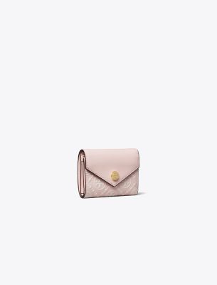 Tory Burch T Monogram Contrast Embossed Small Envelope Wallet In Powder Pink/new Cream