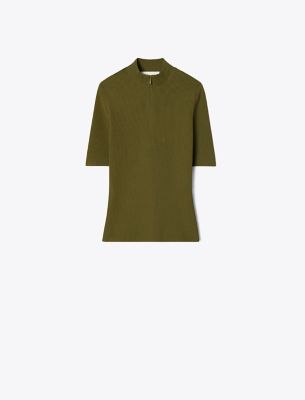 Tory Burch Half-zip Crewneck Sweater In Dark Oliva