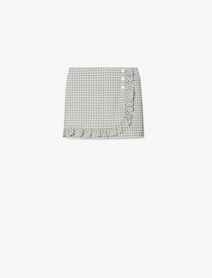 Tory Sport Tory Burch Printed Ruffle Twill Golf Skirt In Grey Gradient Gingham