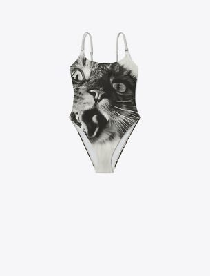 Shop Tory Burch Cat Printed Swimsuit In Gray Cat Portrait