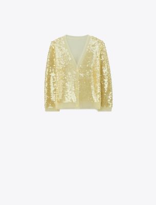 Tory Burch Sequin-front Cardigan In Pale Limon