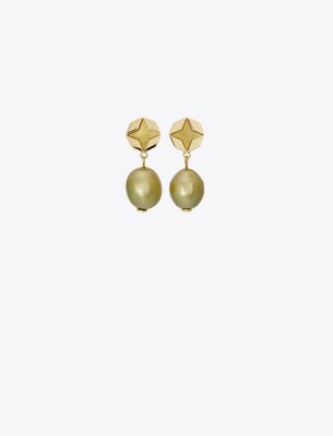 Tory Burch Kira Clover Pearl Drop Earring In Green/green