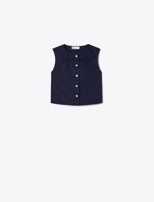 Tory Burch Cotton Poplin Button Top In Medium Navy