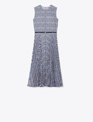 Tory Burch Printed Twill Crewneck Midi Dress In Blue Candy Dots