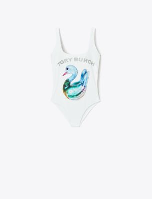 Tory Burch Lucky Duck-print Swimsuit In White Glass Swan