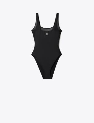 Tory Burch Logo Embroidered One-piece Swimsuit In Black/black