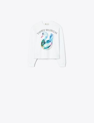 Tory Burch Lucky Duck Cotton Sweatshirt In White Glass Swan