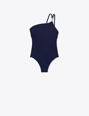 Tory Burch Blue One-shoulder Swimsuit With U-neck On The Back In Tech Fabric Woman In Medium Navy