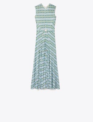 Tory Burch Lucky Duck Viscose And Silk Dress In Blue Glass Swan Allover